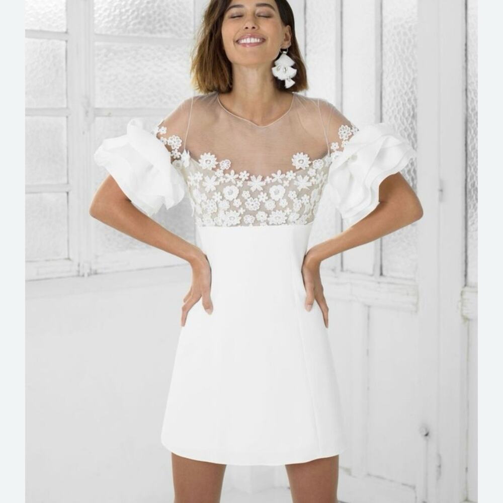 Rime Arodaky White Mini Bridal Dress with Sheer Floral Bodice